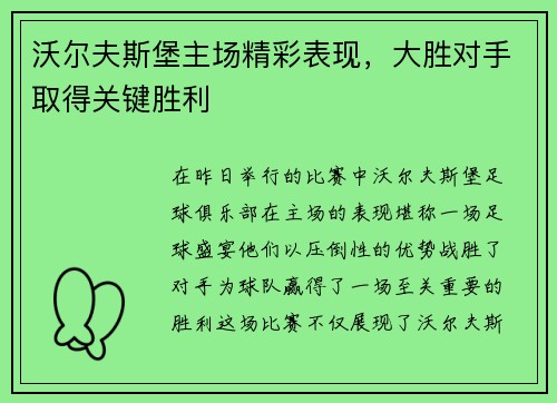沃尔夫斯堡主场精彩表现，大胜对手取得关键胜利